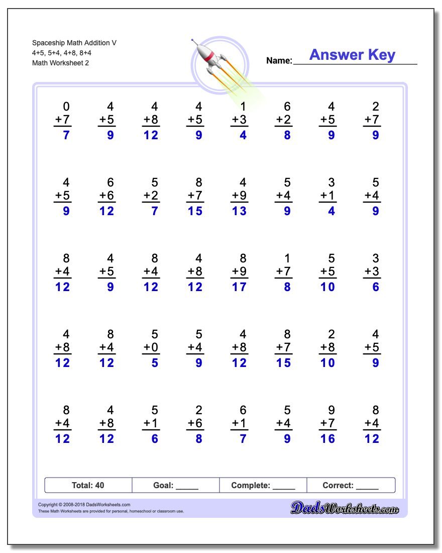 Spaceship Math Addition Worksheet V 4+5, 5+4, 4+8, 8+4 www.dadsworksheets.com/worksheets/addition.html