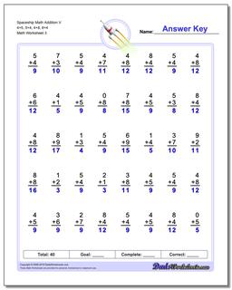 Spaceship Math Addition Worksheet V 4+5, 5+4, 4+8, 8+4