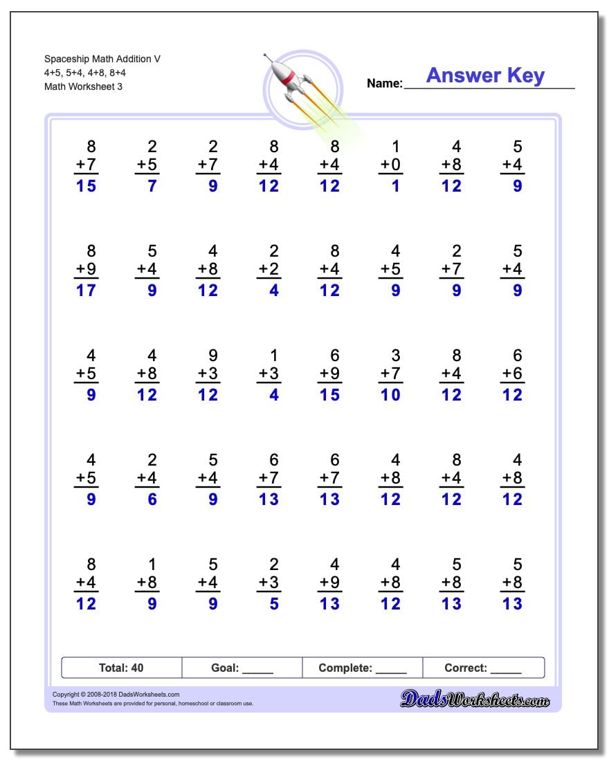 Spaceship Math Addition Worksheet V 4+5, 5+4, 4+8, 8+4