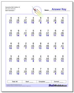 Addition Worksheet Spaceship Math W 4+6, 6+4, 5+6, 6+5