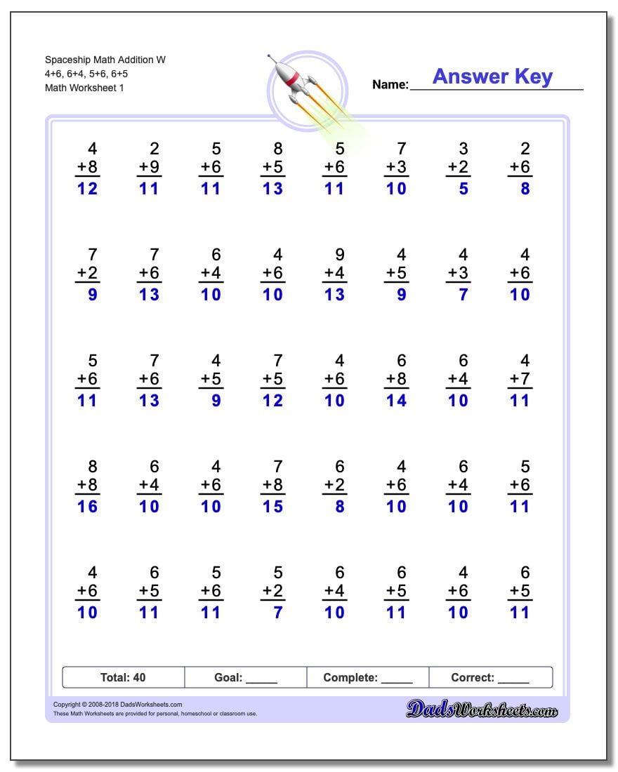 Addition Worksheet Spaceship Math W 4+6, 6+4, 5+6, 6+5