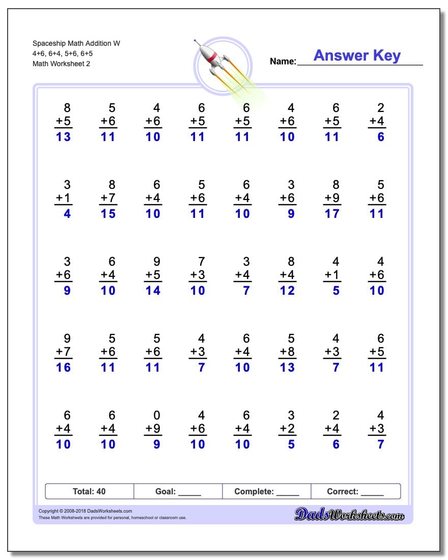 Spaceship Math Addition Worksheet W 4+6, 6+4, 5+6, 6+5 www.dadsworksheets.com/worksheets/addition.html