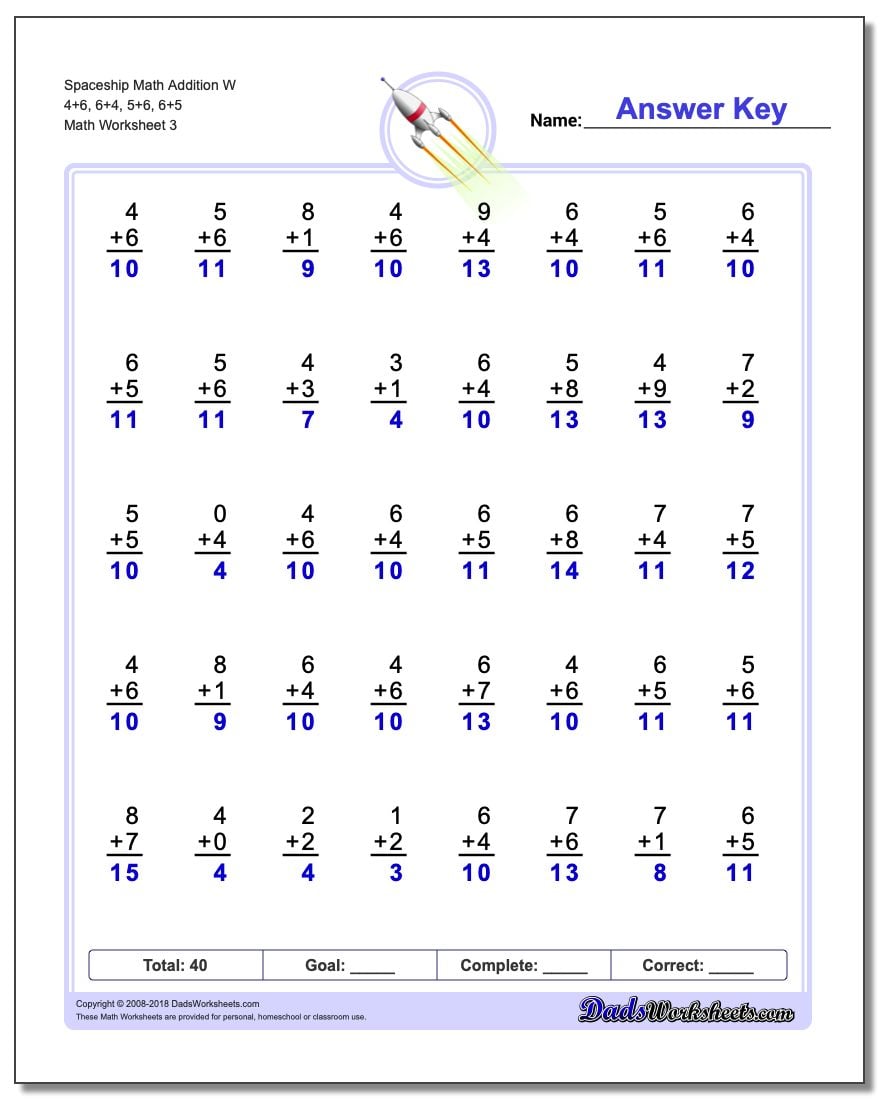 Spaceship Math Addition Worksheet W 4+6, 6+4, 5+6, 6+5