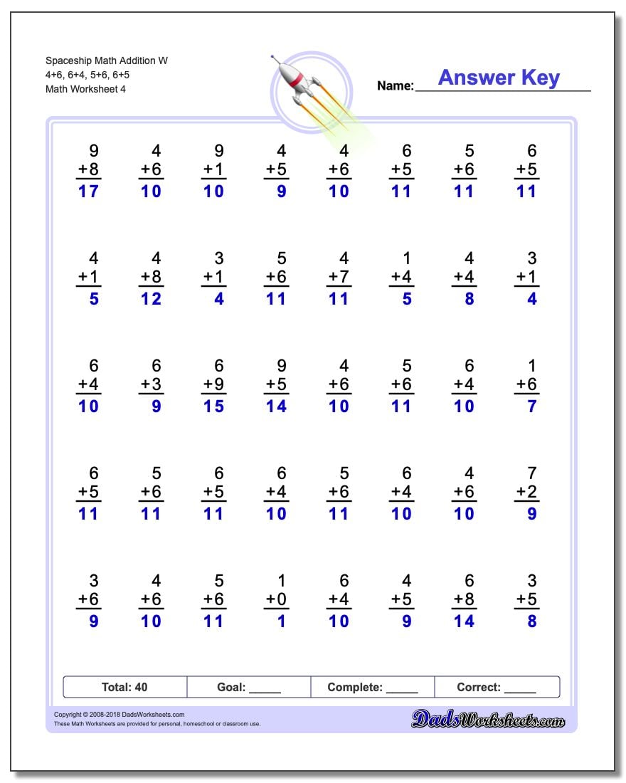 Spaceship Math Addition Worksheet W 4+6, 6+4, 5+6, 6+5