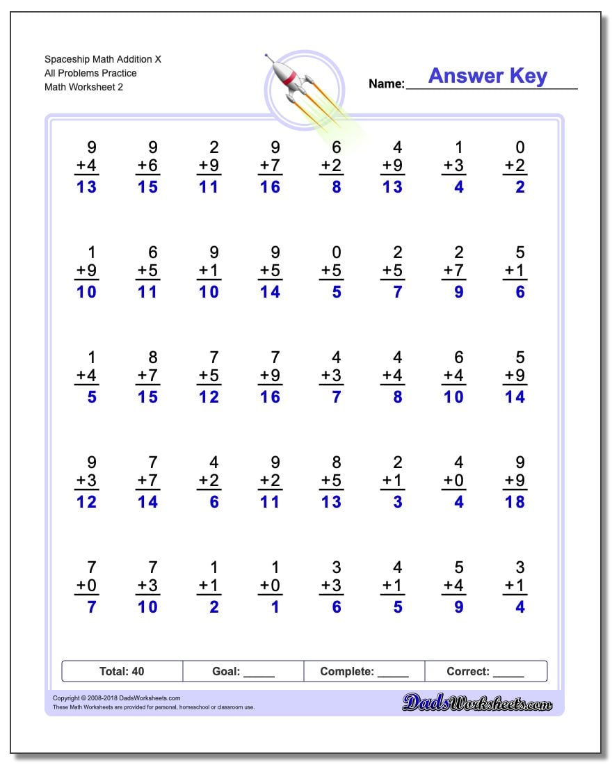 Spaceship Math Addition Worksheet X All Problems Worksheet Practice www.dadsworksheets.com/worksheets/addition.html