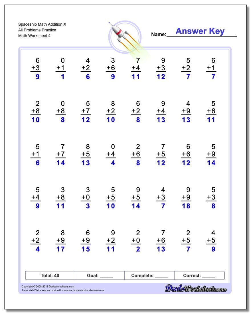 Spaceship Math Addition Worksheet X All Problems Worksheet Practice