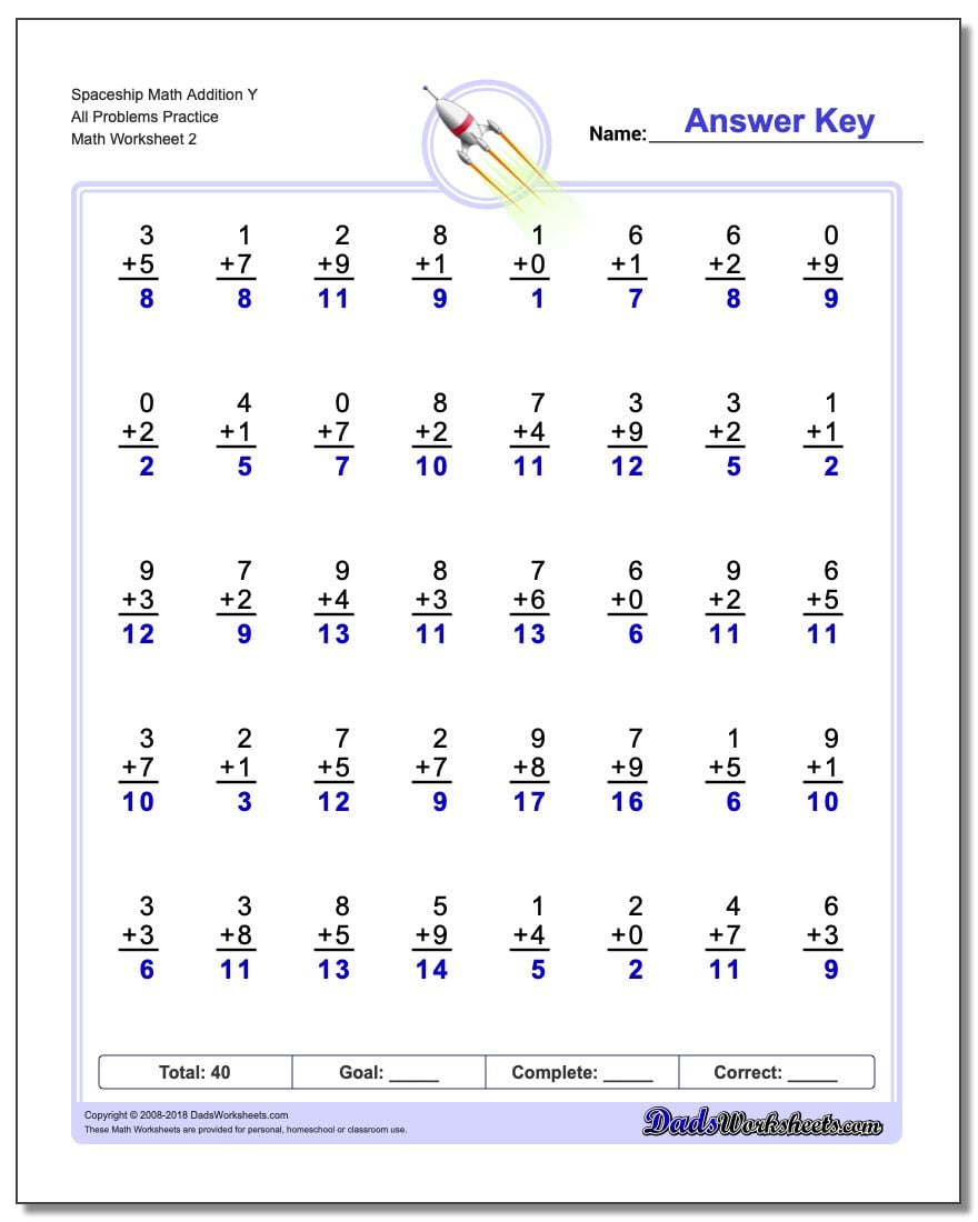 Spaceship Math Addition Worksheet Y All Problems Worksheet Practice www.dadsworksheets.com/worksheets/addition.html