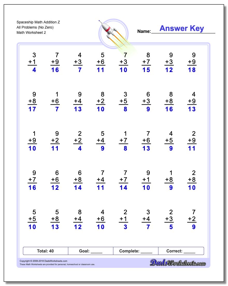 Spaceship Math Addition Worksheet Z All Problems Worksheet (No Zero) www.dadsworksheets.com/worksheets/addition.html