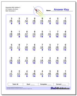 Spaceship Math Addition Worksheet Z All Problems Worksheet (No Zero)