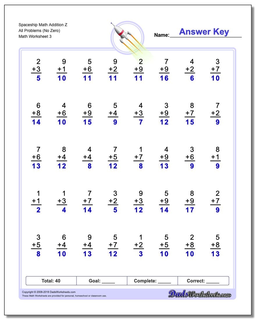 Spaceship Math Addition Worksheet Z All Problems Worksheet (No Zero)