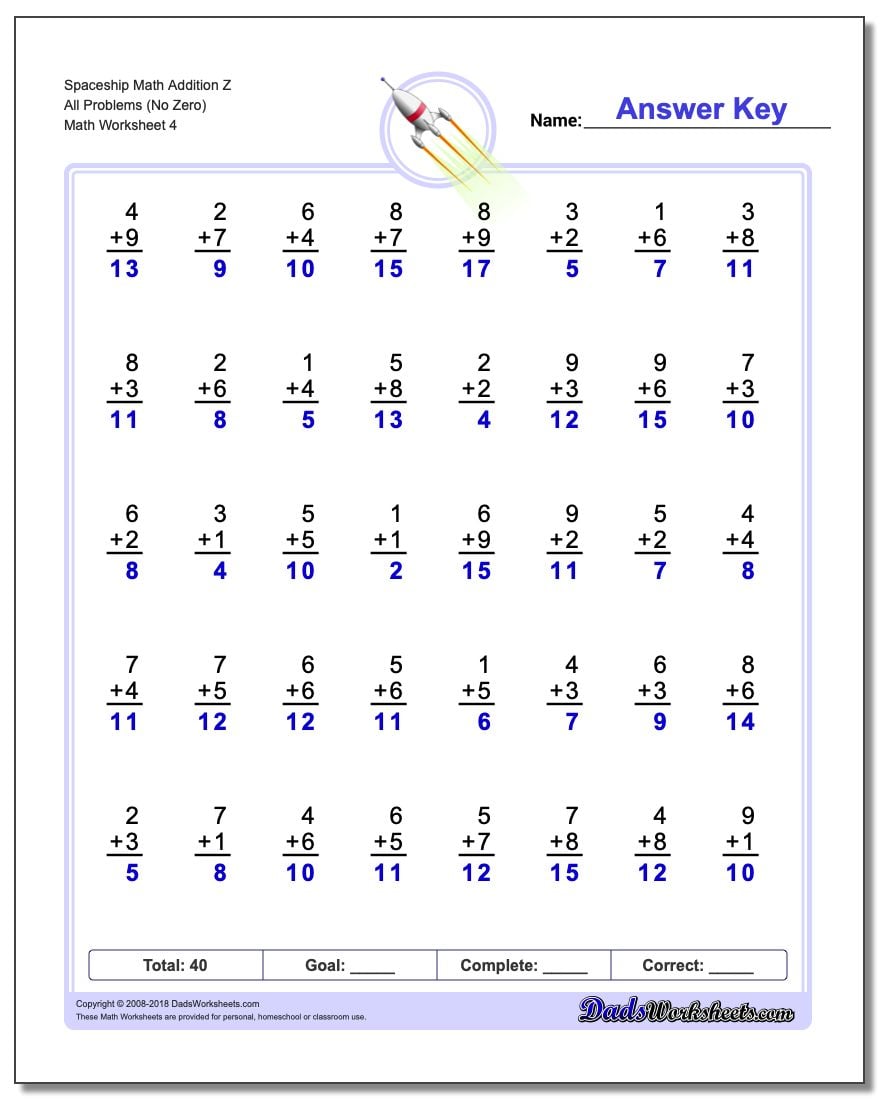 Spaceship Math Addition Worksheet Z All Problems Worksheet (No Zero)