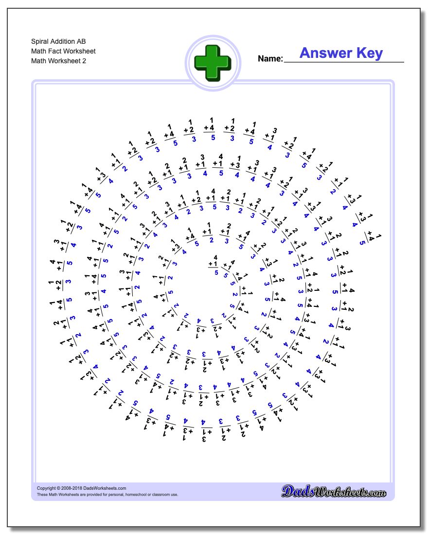 Spiral Addition AB Math Fact Worksheet www.dadsworksheets.com/worksheets/addition.html