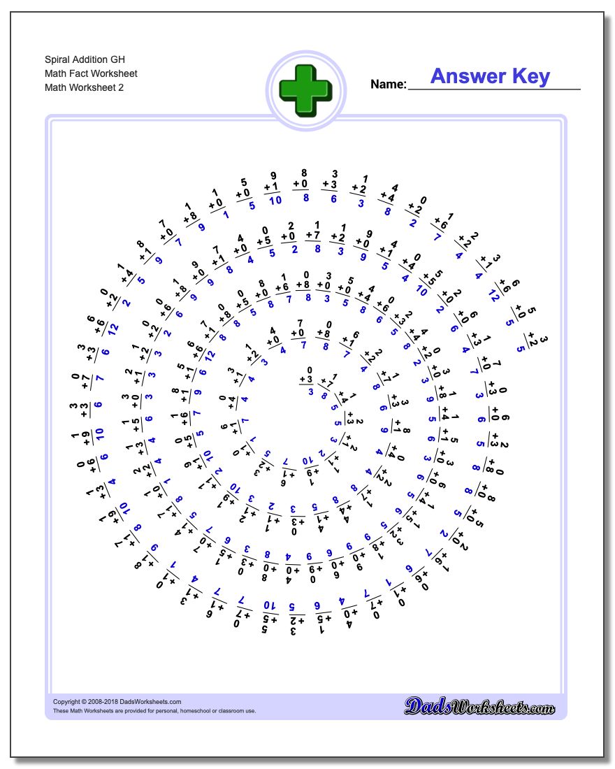 Spiral Addition GH Math Fact Worksheet www.dadsworksheets.com/worksheets/addition.html