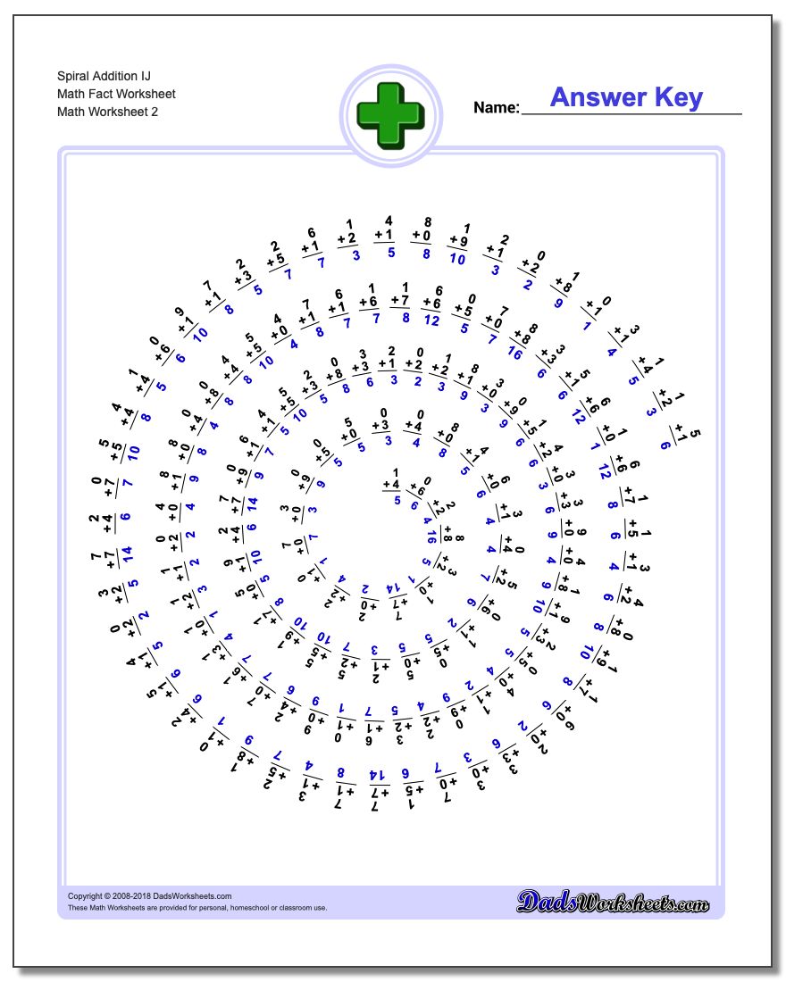 Spiral Addition IJ Math Fact Worksheet www.dadsworksheets.com/worksheets/addition.html