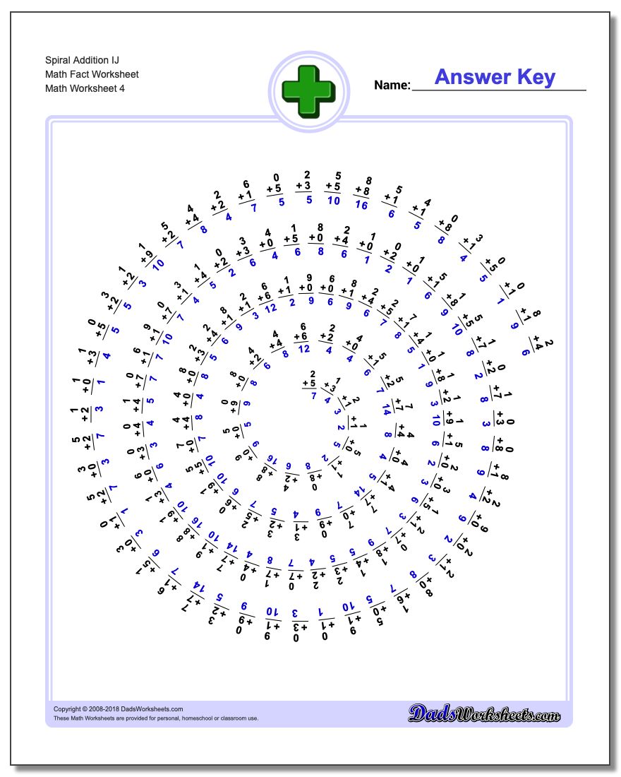 Spiral Addition IJ Math Fact Worksheet
