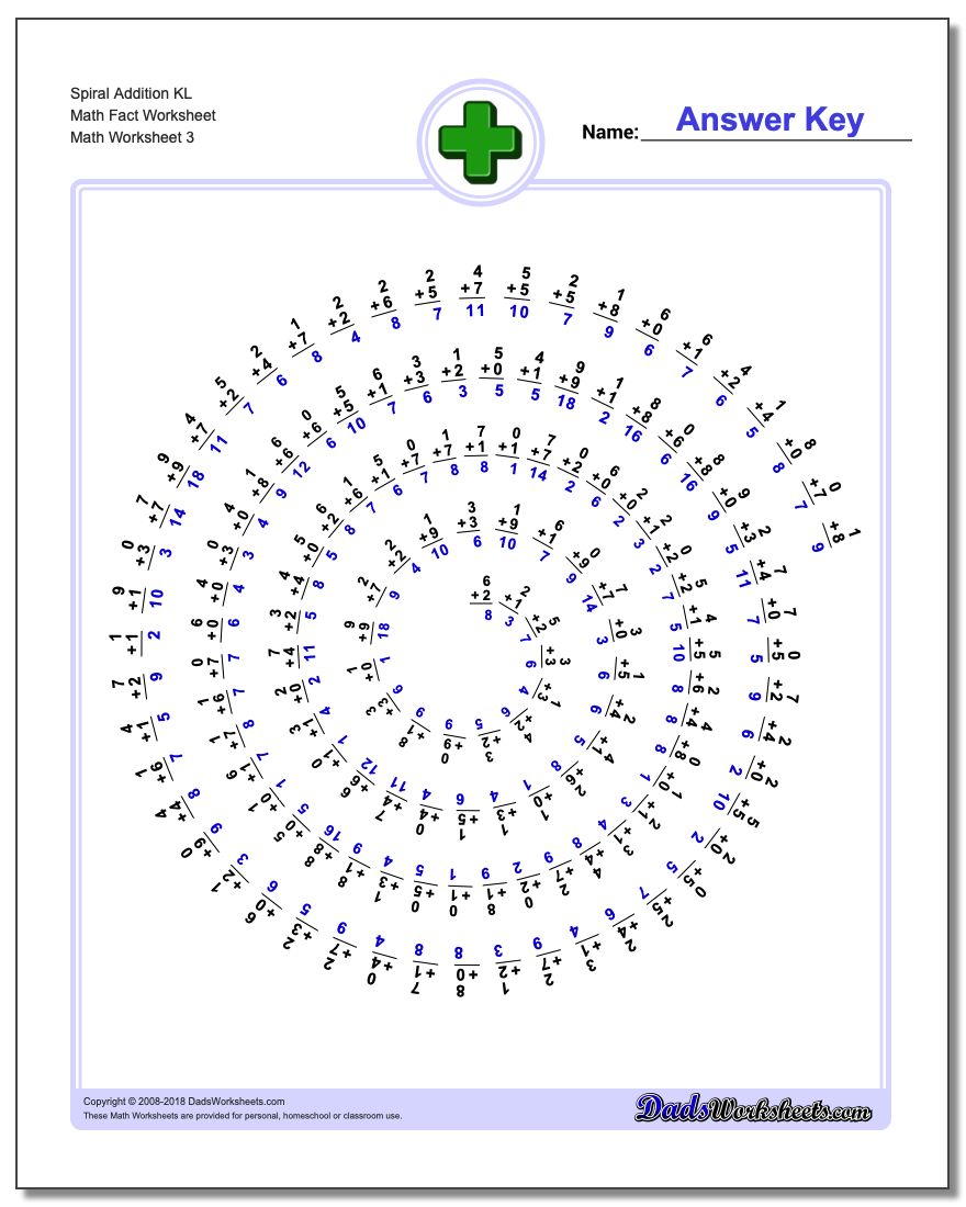 Spiral Addition KL Math Fact Worksheet