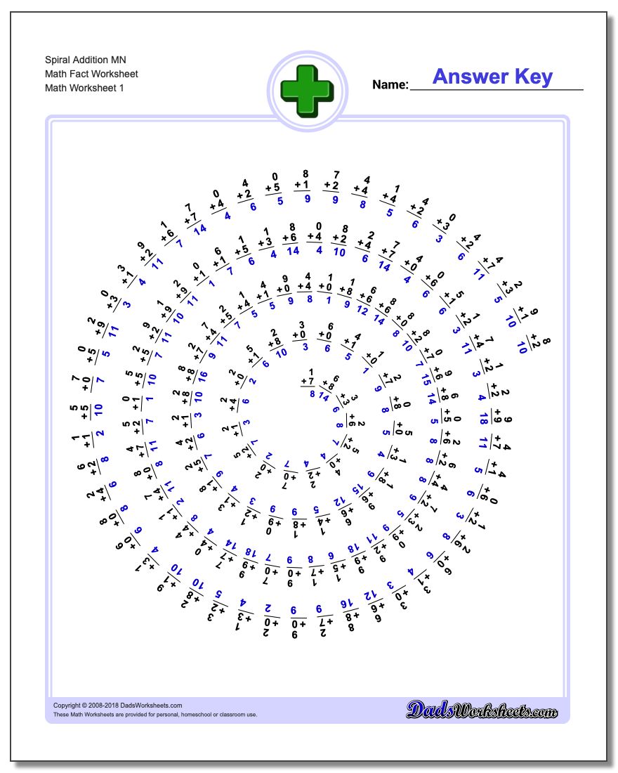 Addition Worksheet Spiral MN Math Fact Worksheet
