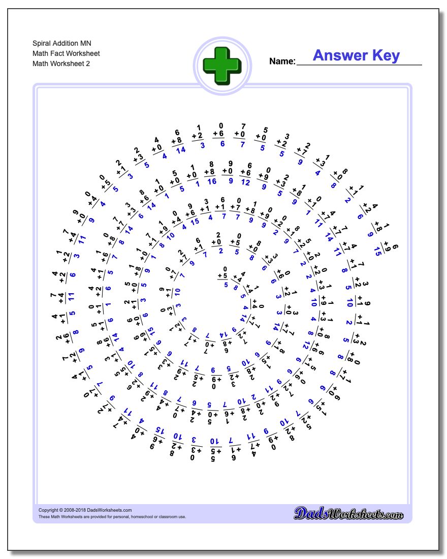 Spiral Addition MN Math Fact Worksheet www.dadsworksheets.com/worksheets/addition.html