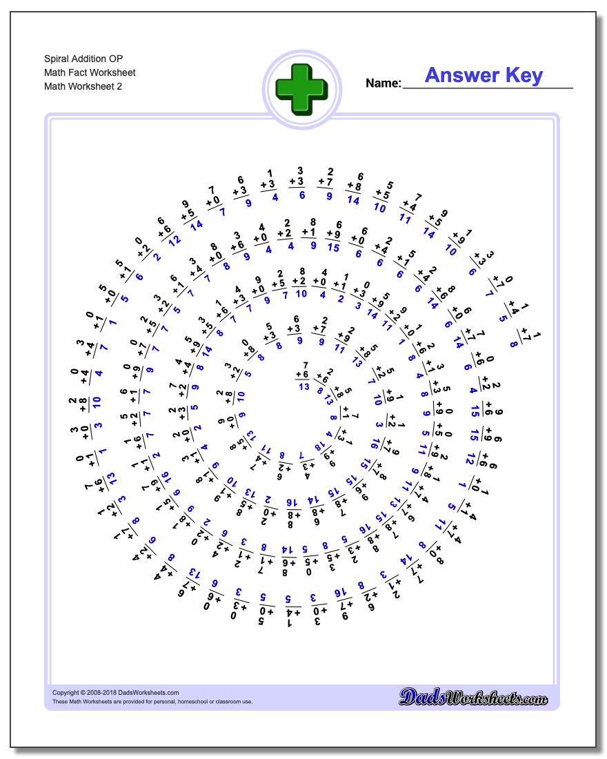 Spiral Addition OP Math Fact Worksheet www.dadsworksheets.com/worksheets/addition.html