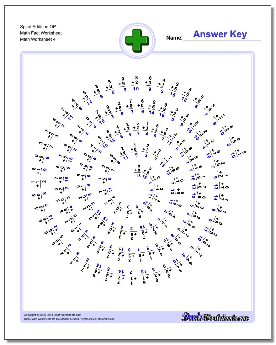 Spiral Addition OP Math Fact Worksheet