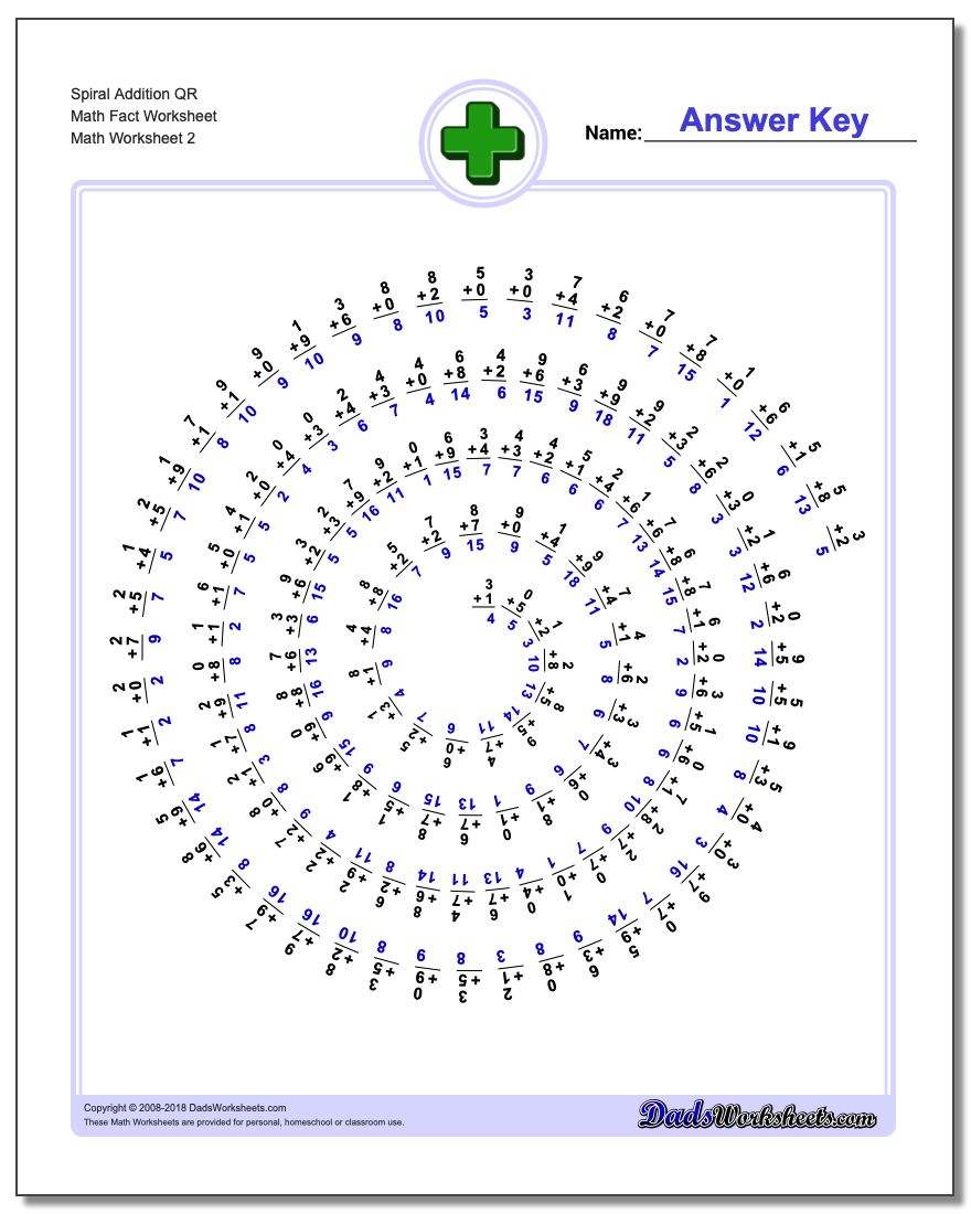 Spiral Addition QR Math Fact Worksheet www.dadsworksheets.com/worksheets/addition.html