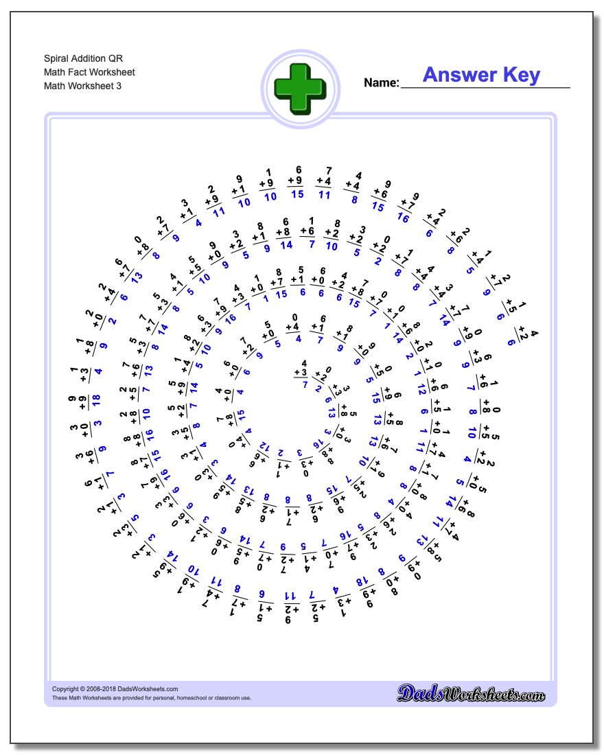 Spiral Addition QR Math Fact Worksheet