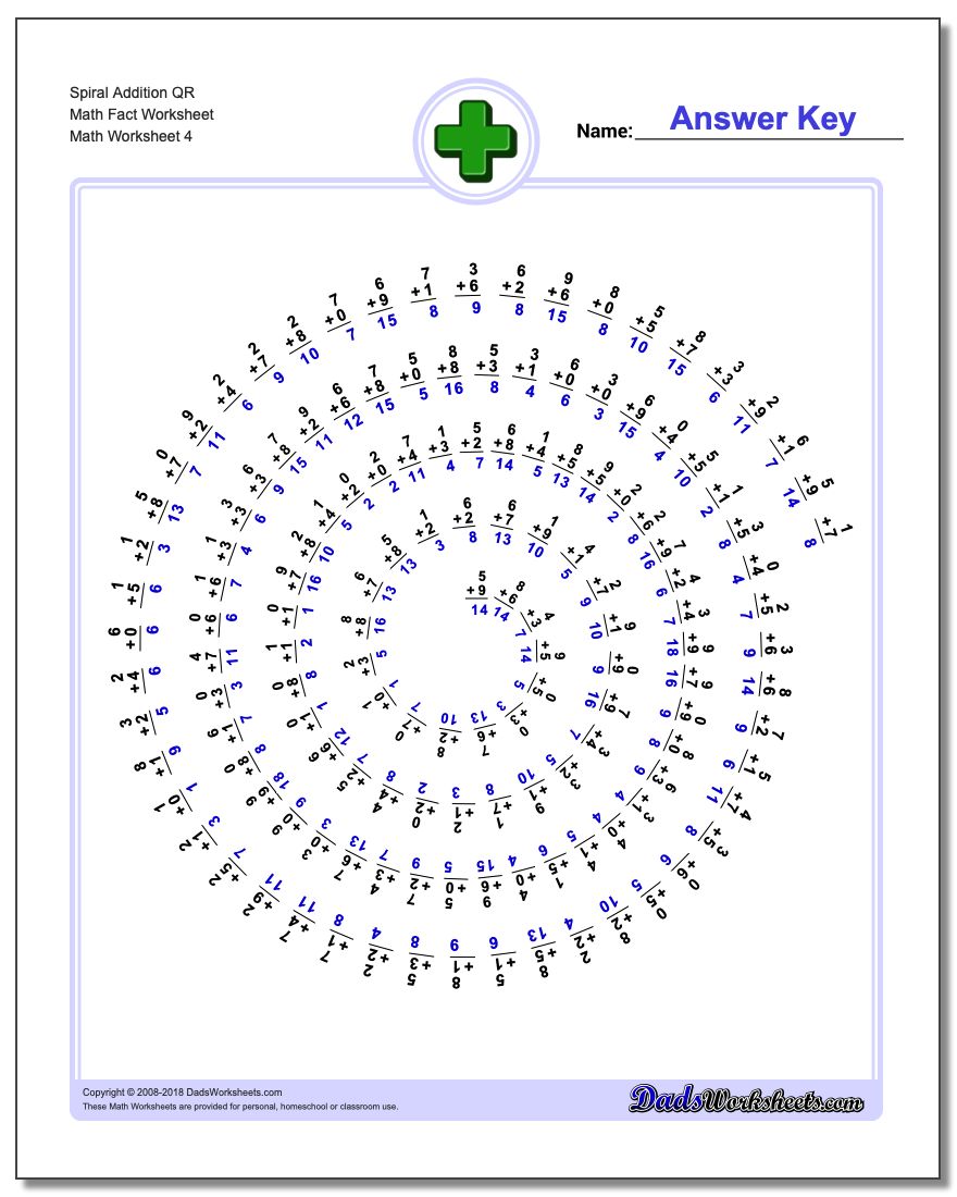Spiral Addition QR Math Fact Worksheet