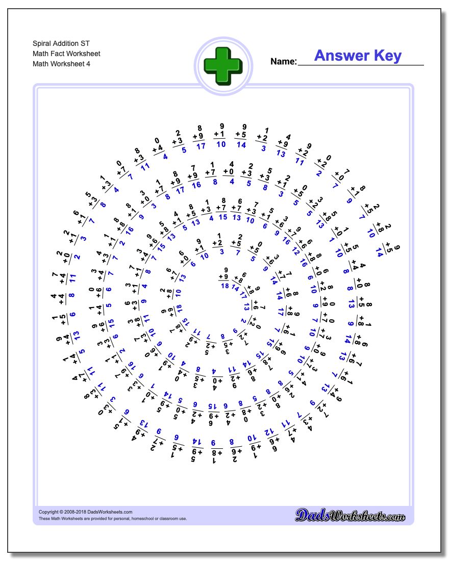 Spiral Addition ST Math Fact Worksheet
