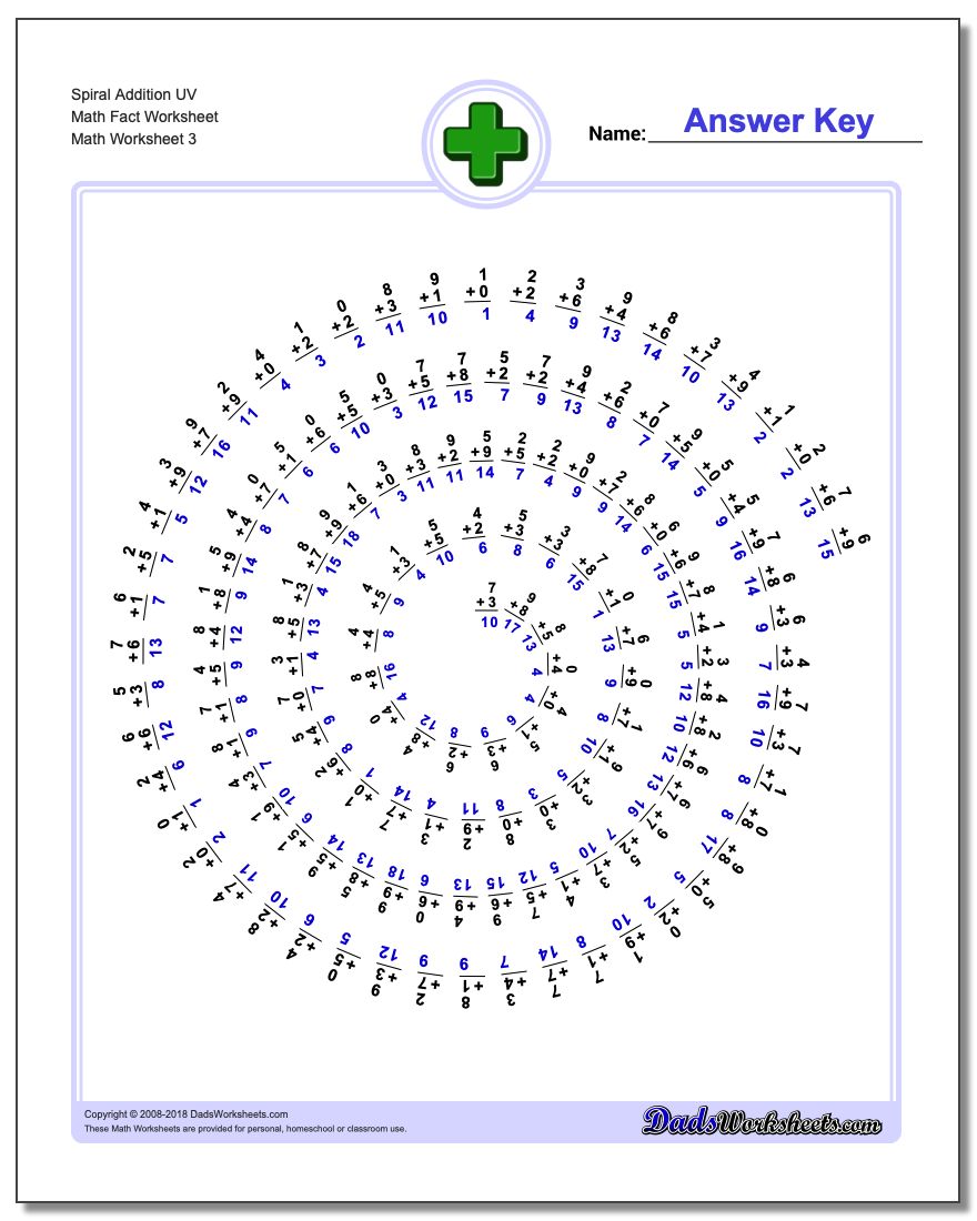 Spiral Addition UV Math Fact Worksheet