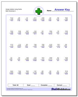 Simple Addition Worksheet Using Tenths