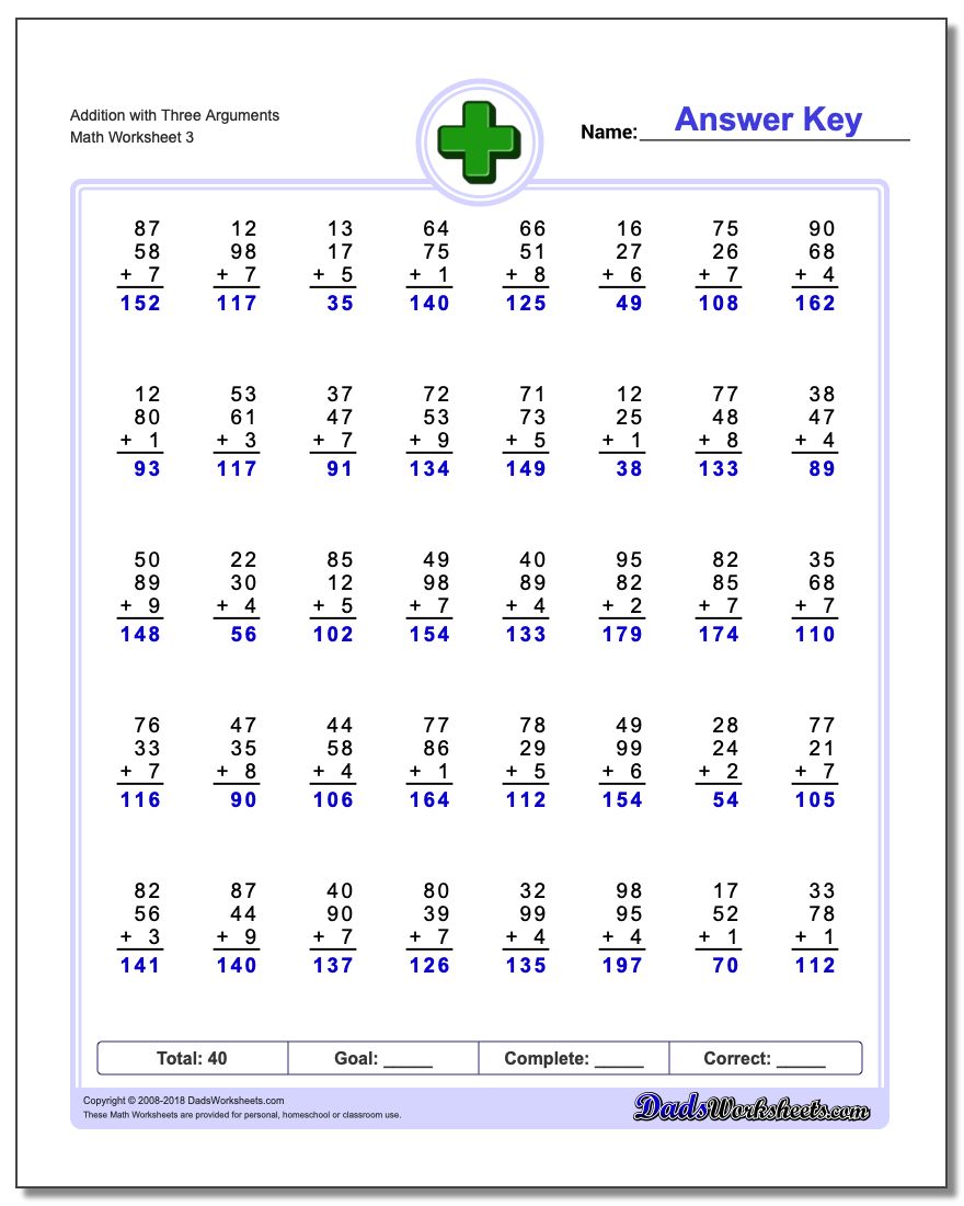 Addition Worksheet with Three Arguments