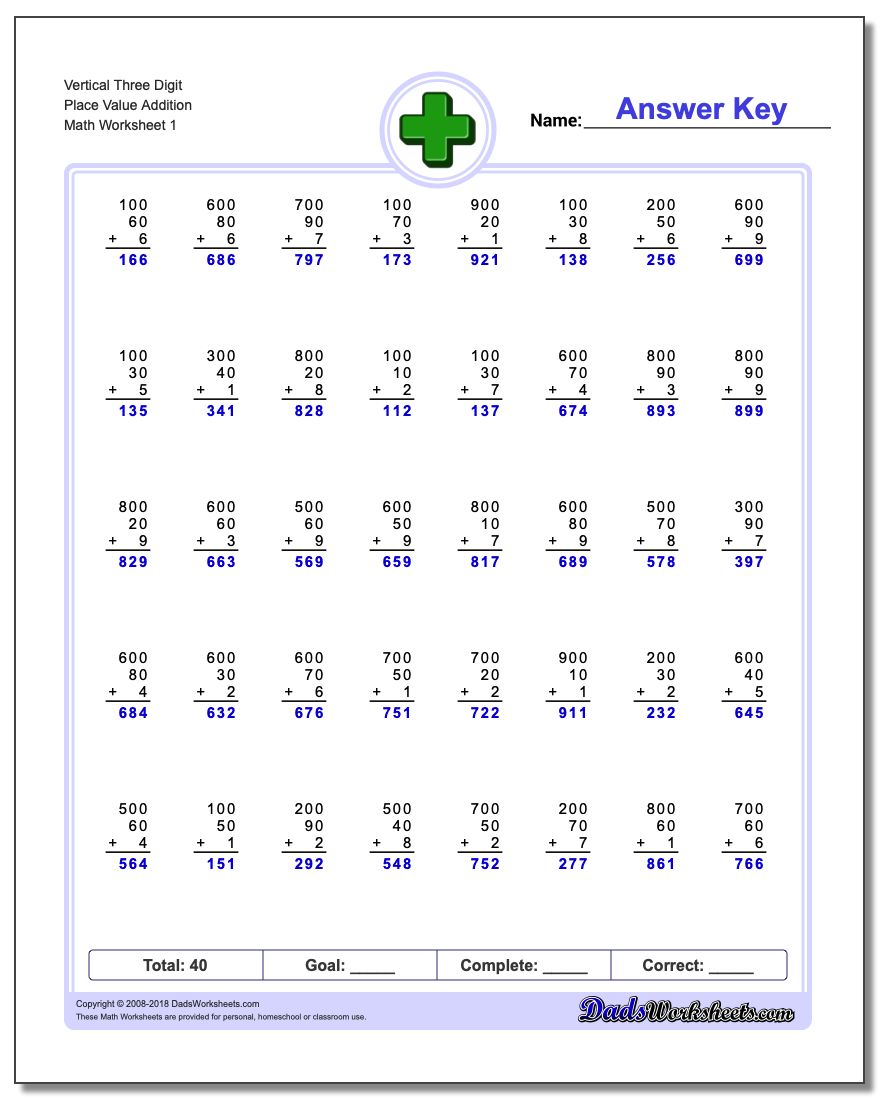 Place Value Addition Worksheets