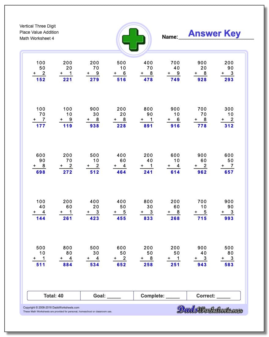 Place Value Addition Worksheets