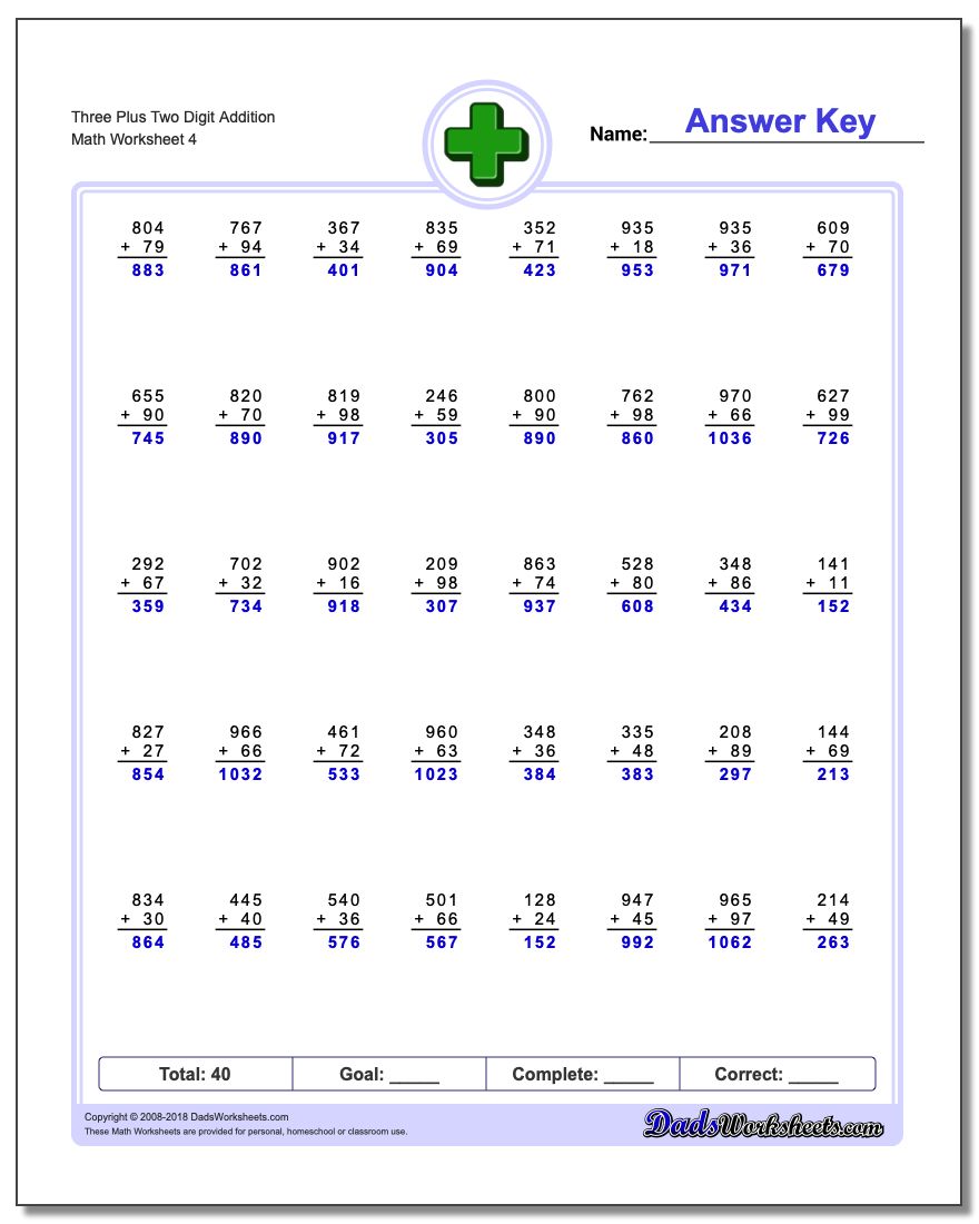 Three Plus Two Digit Addition Worksheet