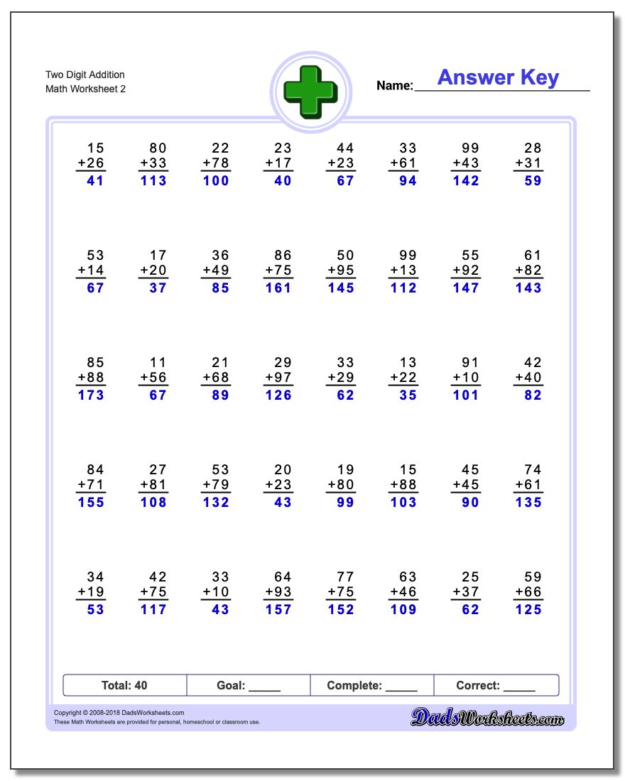 Two Digit Addition Worksheet www.dadsworksheets.com/worksheets/addition.html