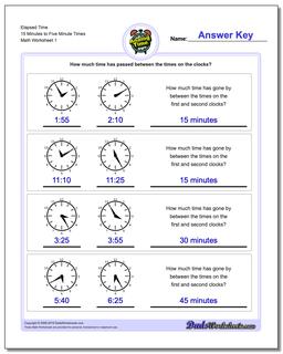 Analog Elapsed Time 15 Minutes to Five Minute Times Worksheet