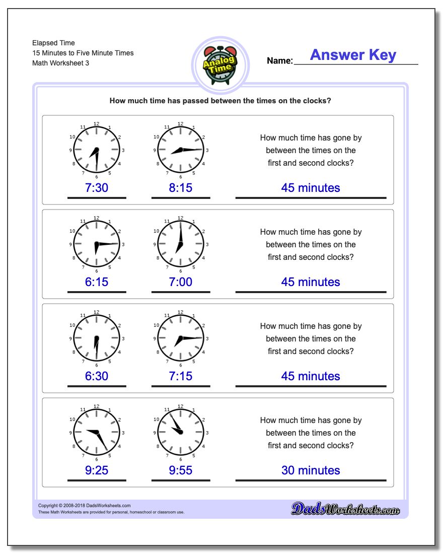 Elapsed Time 15 Minutes to Five Minute Times Worksheet