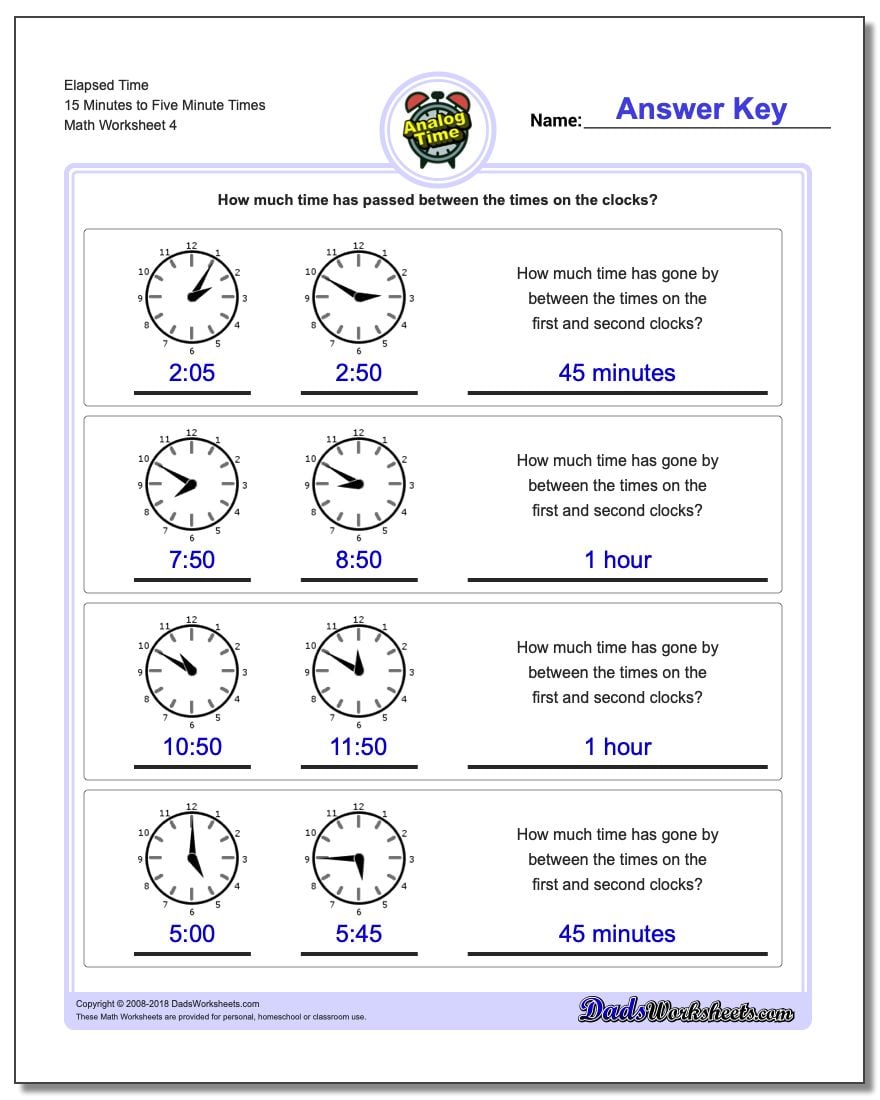 Elapsed Time 15 Minutes to Five Minute Times Worksheet