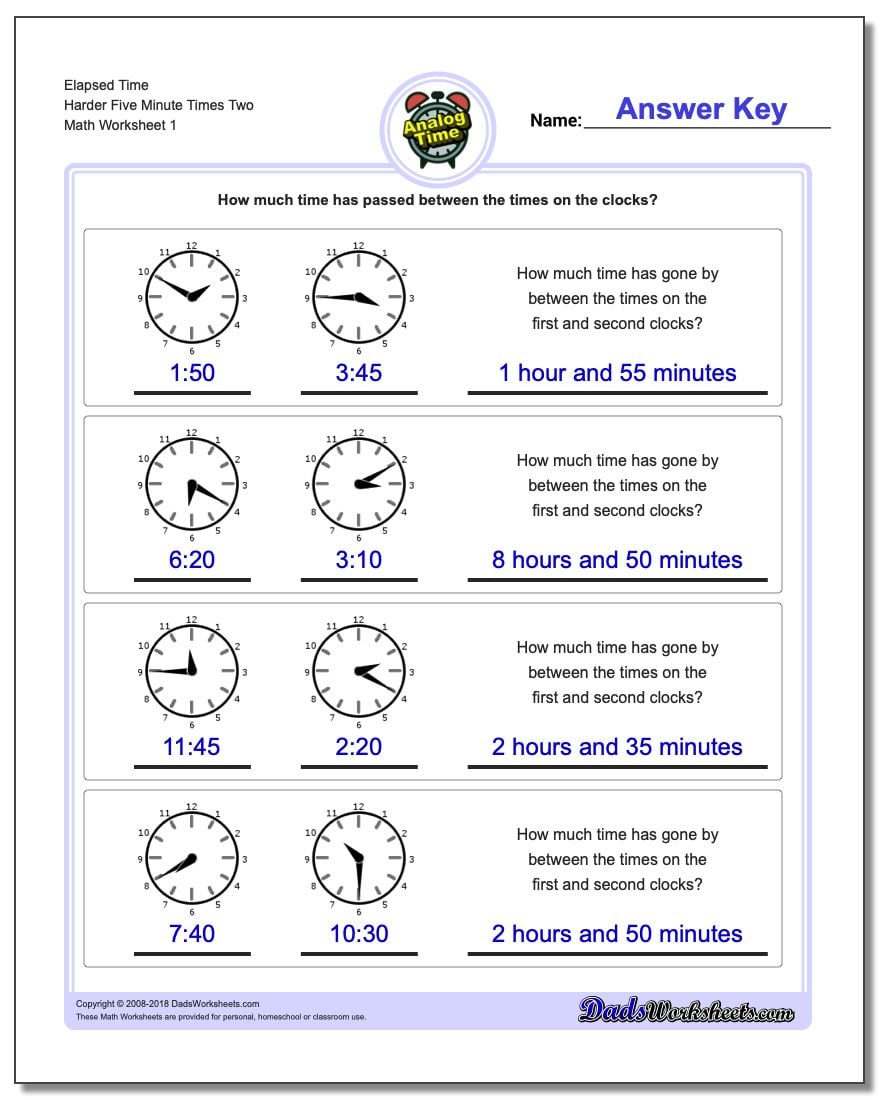 Analog Elapsed Time Harder Five Minute Times Two Worksheet