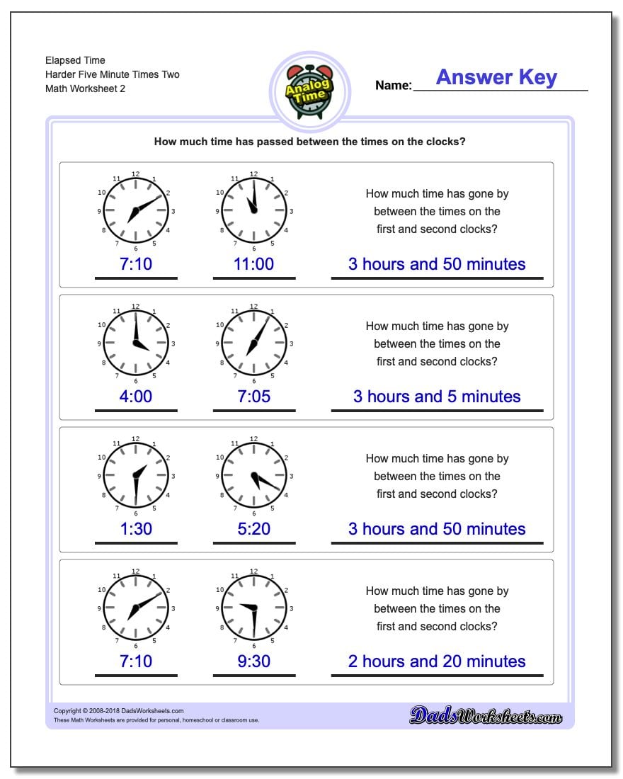 Elapsed Time Harder Five Minute Times Two www.dadsworksheets.com/worksheets/analog-elapsed-time.html Worksheet