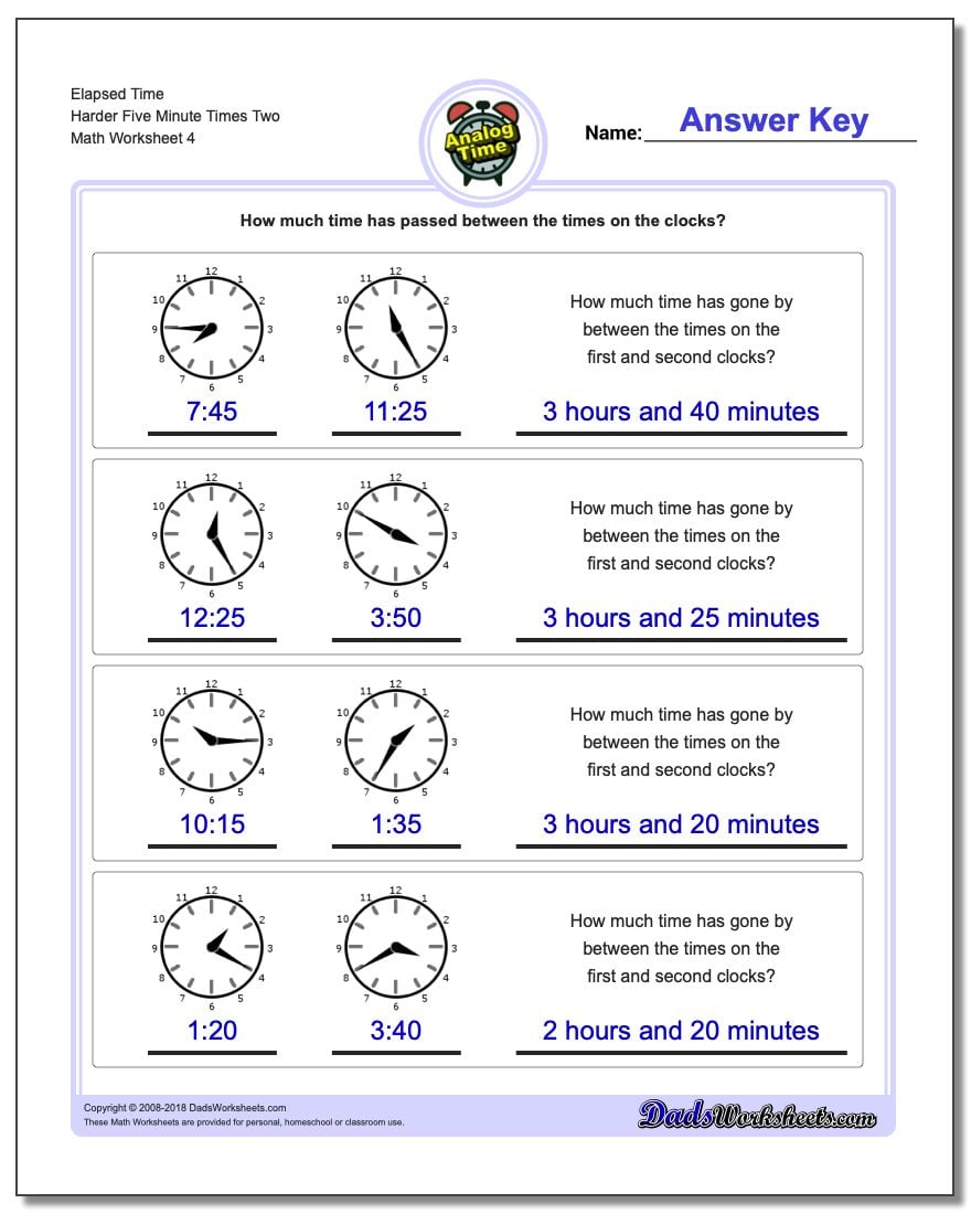 Elapsed Time Harder Five Minute Times Two Worksheet