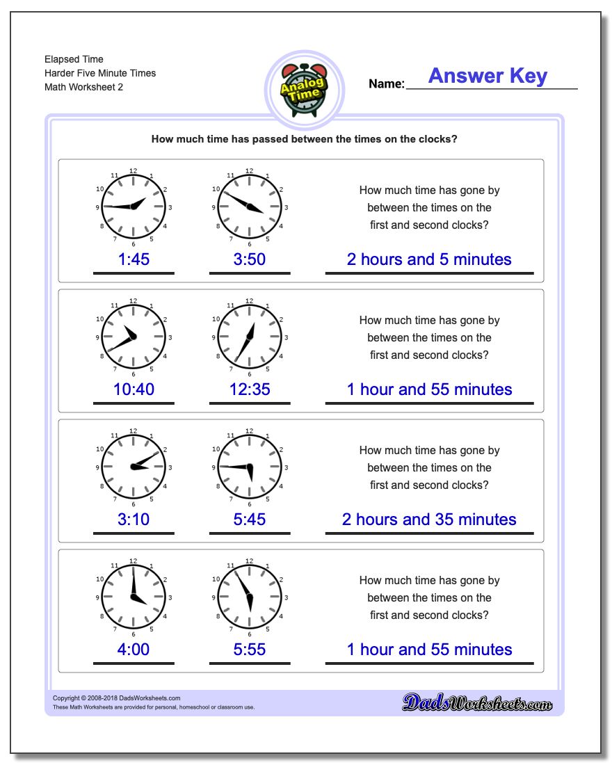 Elapsed Time Harder Five Minute Times www.dadsworksheets.com/worksheets/analog-elapsed-time.html Worksheet