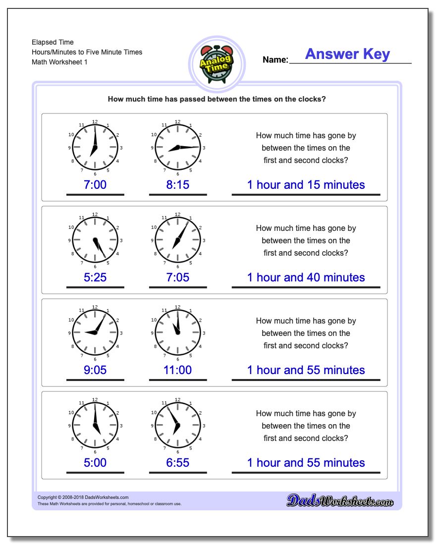 Analog Elapsed Time Hours/Minutes to Five Minute Times Worksheet