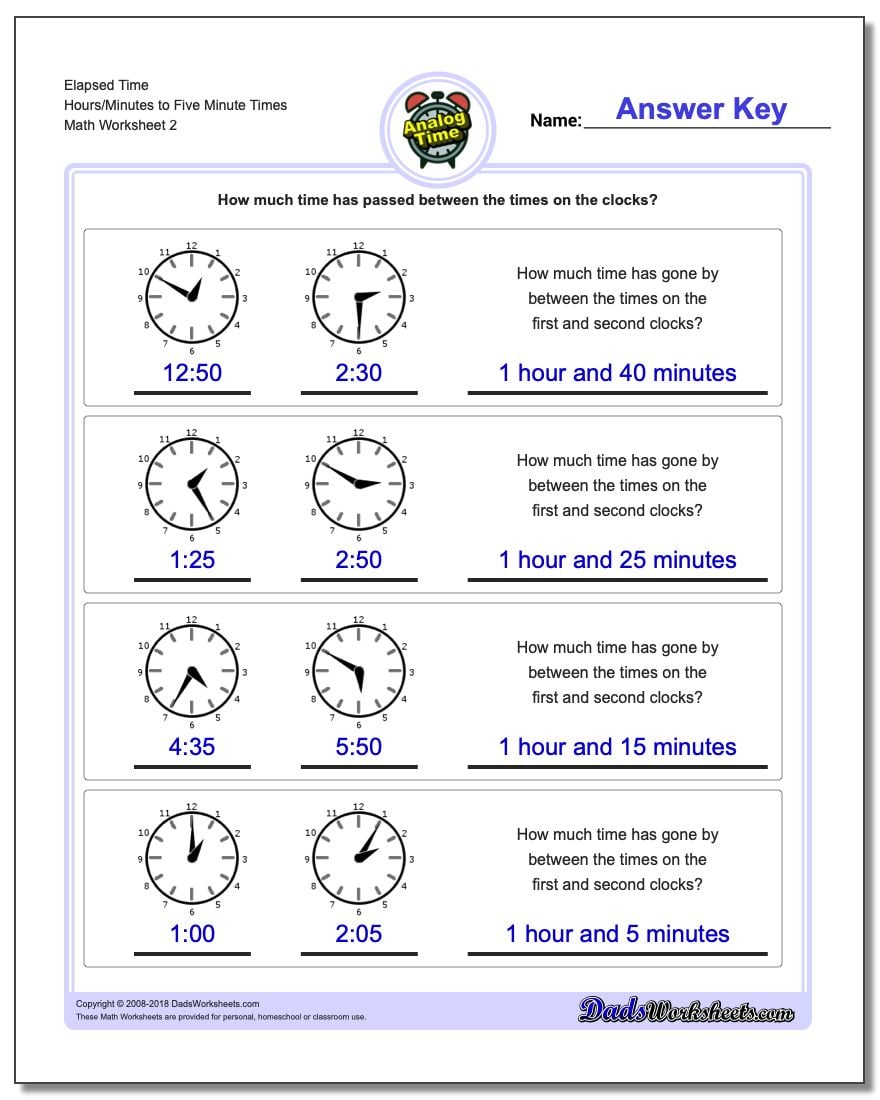 Elapsed Time Hours/Minutes to Five Minute Times www.dadsworksheets.com/worksheets/analog-elapsed-time.html Worksheet