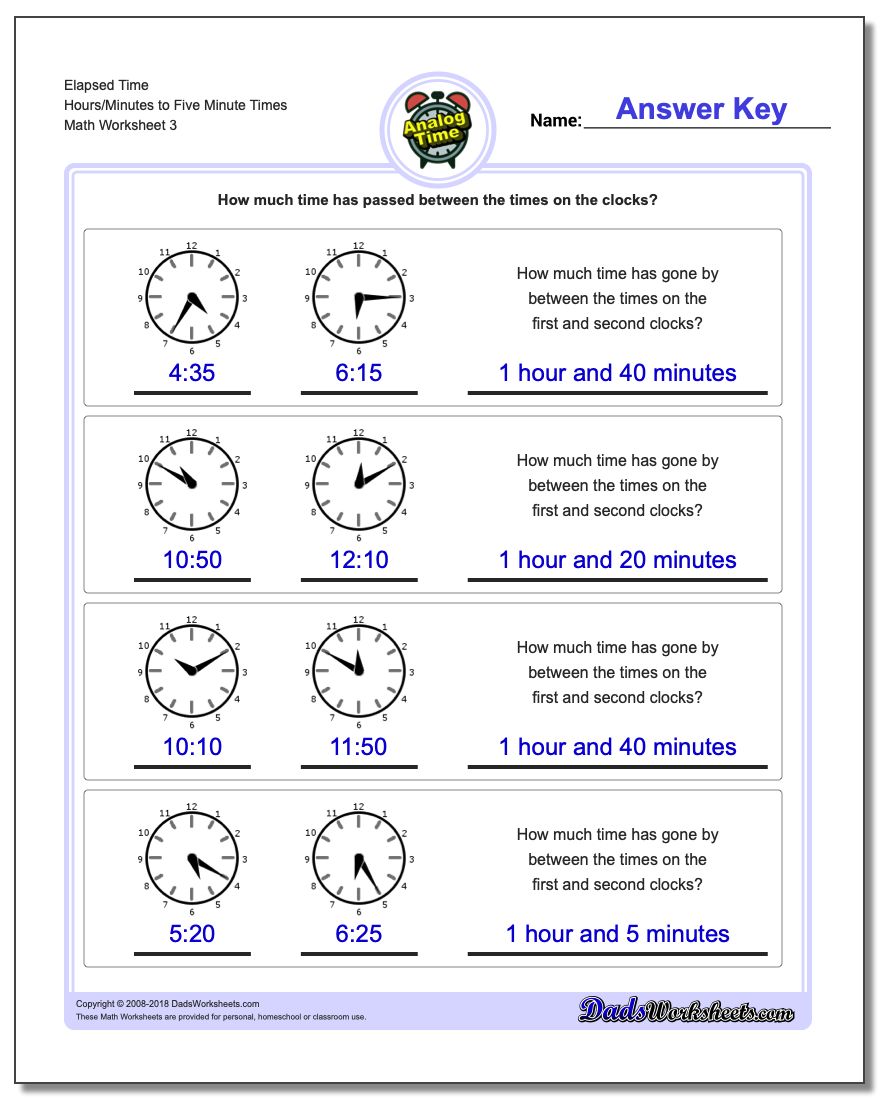 Elapsed Time Hours/Minutes to Five Minute Times Worksheet