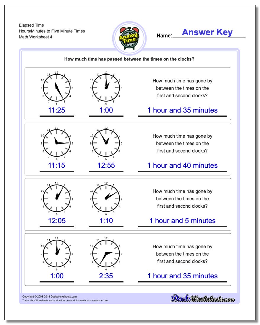 Elapsed Time Hours/Minutes to Five Minute Times Worksheet