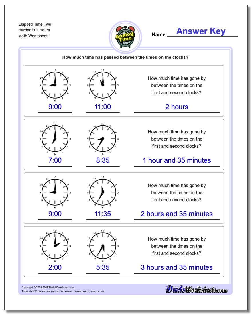 Analog Elapsed Time Two Harder Full Hours Worksheet