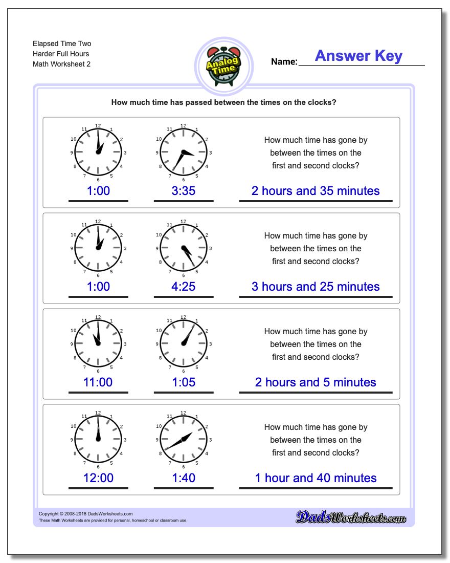 Elapsed Time Two Harder Full Hours www.dadsworksheets.com/worksheets/analog-elapsed-time.html Worksheet