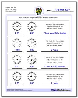 Elapsed Time Two Harder Full Hours Worksheet