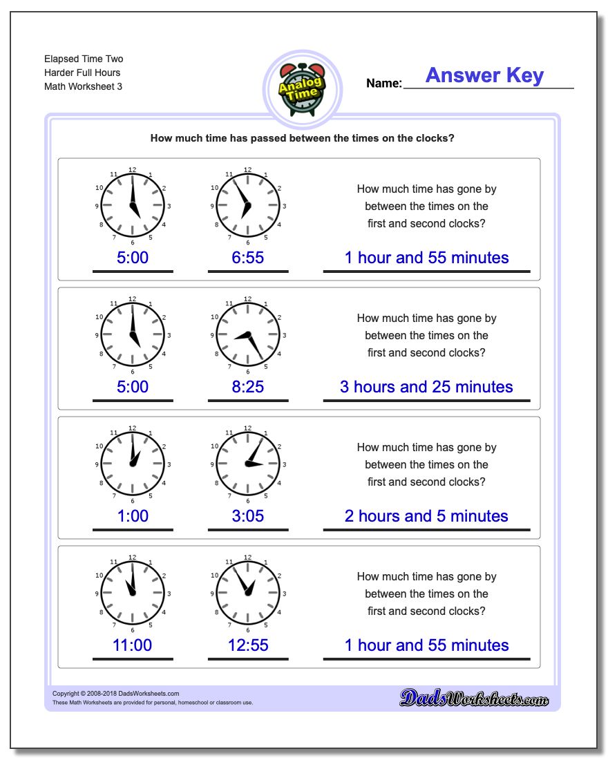 Elapsed Time Two Harder Full Hours Worksheet